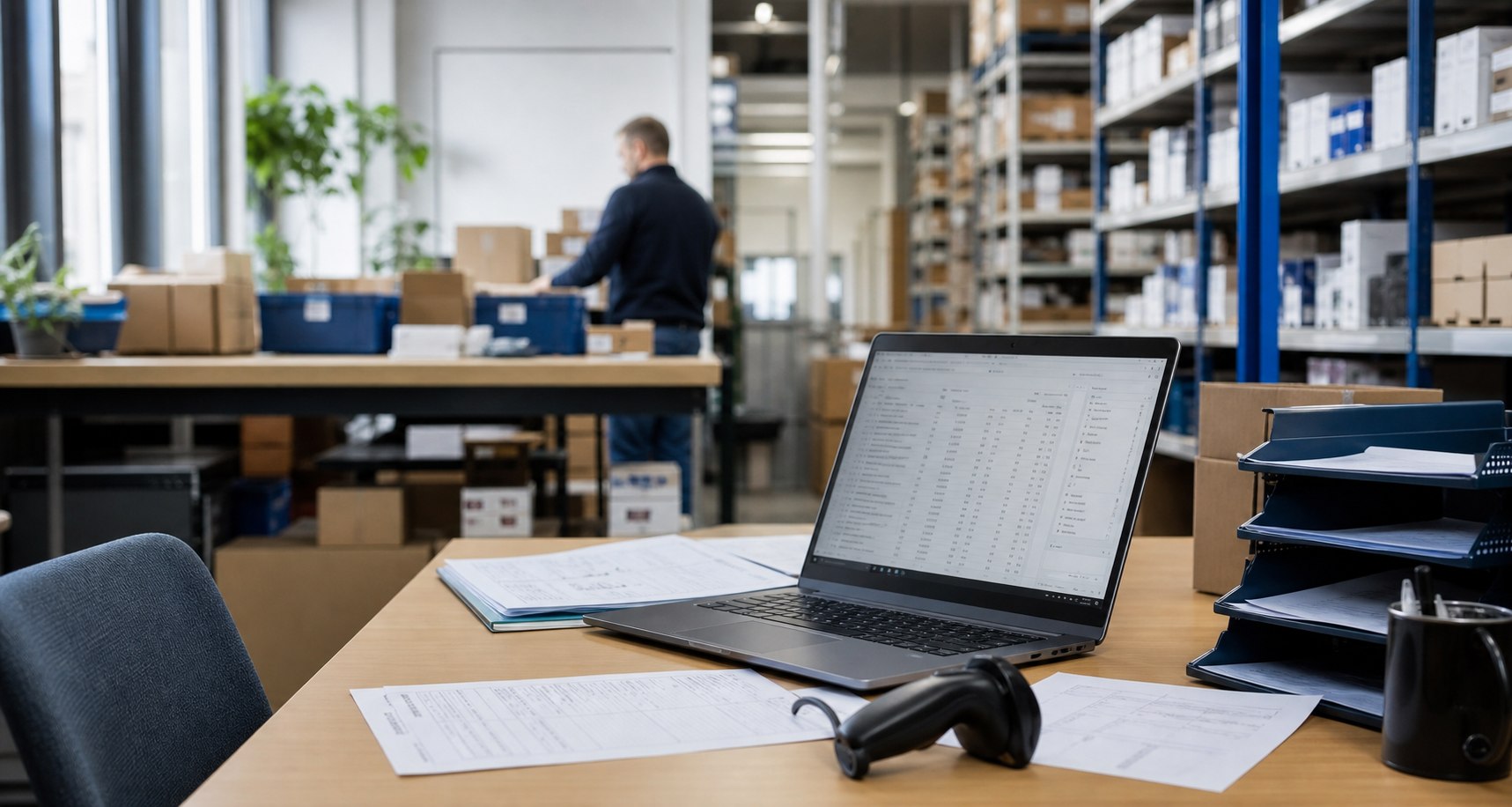 Werkplek waar productdata, orderdocumenten en magazijnwerk samenkomen